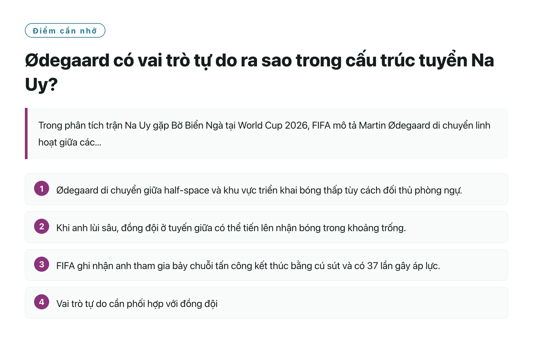 Ødegaard có vai trò tự do ra sao trong cấu trúc tuyển Na Uy?——全文要点速览